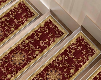 Türkischer Treppenstufen-Teppich, Gold-Burgund-Oriental, antikes, rutschfestes, traditionelles Stufenset