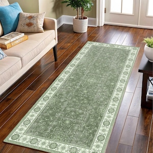 Türkischer Läufer Teppich Für Küche, Navy Distressed, Vintage Breite Flur, Antike Blumen, Mitternachtsblau Sage Green Cream