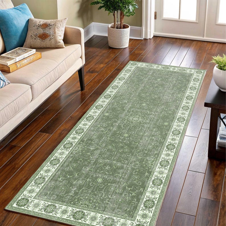 Türkischer Läufer Teppich Für Küche, Navy Distressed, Vintage Breite Flur, Antike Blumen, Mitternachtsblau Sage Green Cream