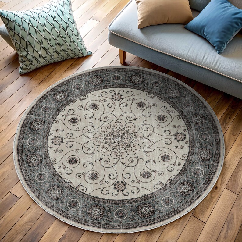 Round Sage Green Rug, Distressed Turkish, Boho Floral, Pastel Vintage ...