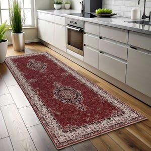 Burgundy Oushak Rug, Oriental Runner Rug, Maroon Cream, Vintage Floral, Turkish Medallion, Ottoman Runner, Antique Boho, Traditional Classic