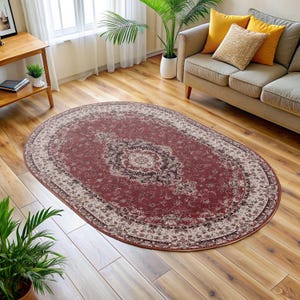 Burgundy Oushak Rug, Oval Oriental Area Rug, Maroon Cream Floral, Turkish Medallion, Ottoman Carpet, Antique Boho Chic, Traditional Classic