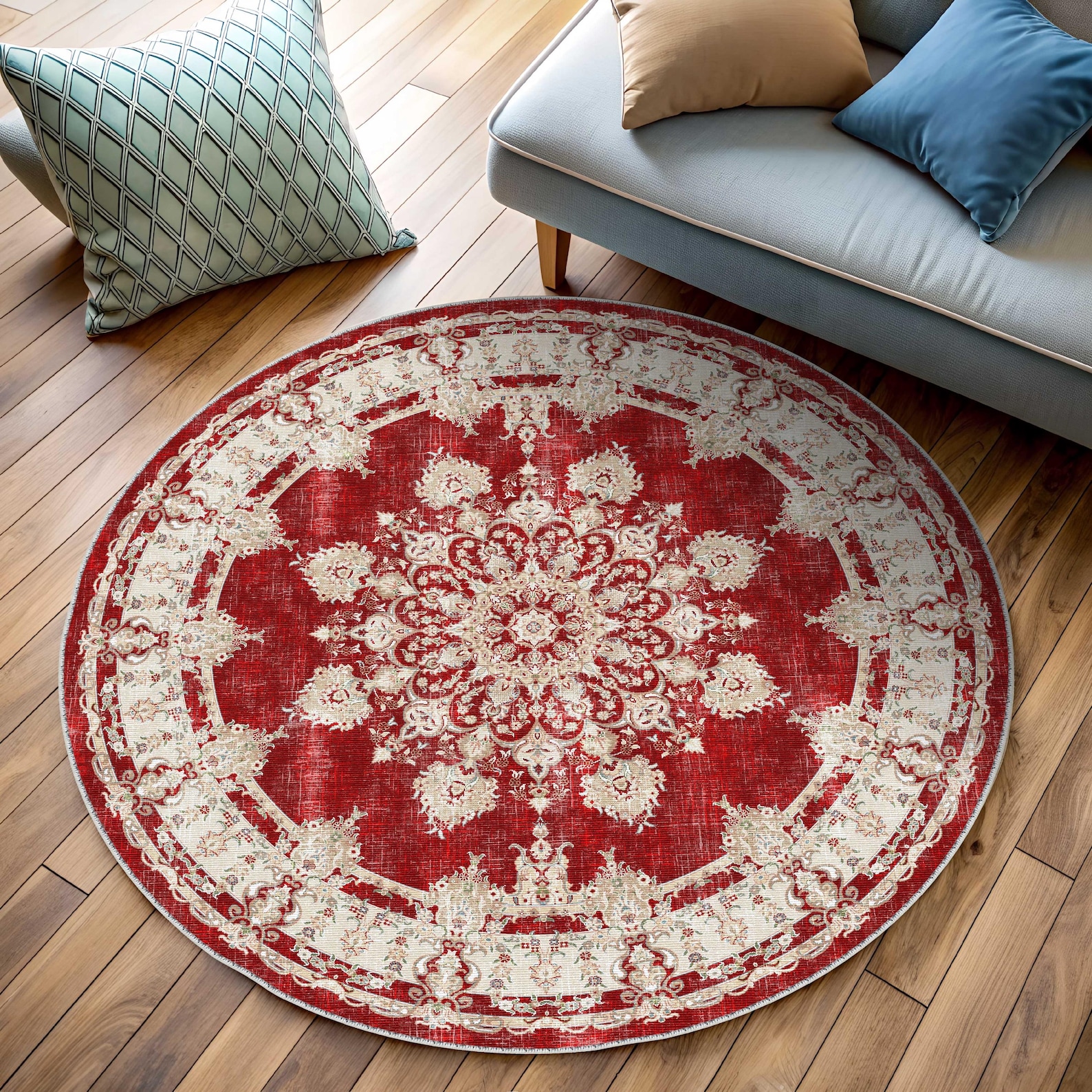Circle Turkish Rug, Navy and White, Distressed Antique, Oriental Rustic ...