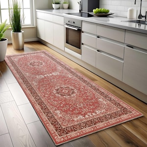 Red Oushak Runner, Oriental Floral Rug, Scarlet White, Antique Long Wide, Modern Vintage, Bohemian Persian, Boho Traditional, Ethnic Ottoman