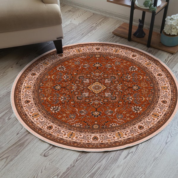 Circle Rustic Rug, Floral Oushak Rug, Oriental Floral Rug, Orange Turkish Rug, Orange Circular Rug, Orange Unique Rug, Orange Round Rug