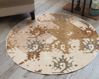 Tapis rond à ressorts printanier, tapis moderne rond, tapis verseur lavable, carpette ronde, tapis ocre, tapis rond éclectique, tapis circulaire beige