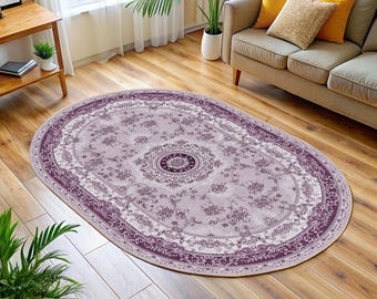 Tapete oval lilás boho, tapete Oushak roxo, lavanda pastel, floral antigo, vintage moderno desbotado