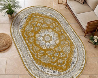Tapis ovale jaune moutarde, oriental turc, floral vintage, médaillon oushak, bohème antique, ambre traditionnel