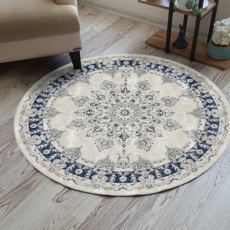 Navy Blue Round Rug, Circle Medallion Rug, Navy Blue Boho Rug, Modern