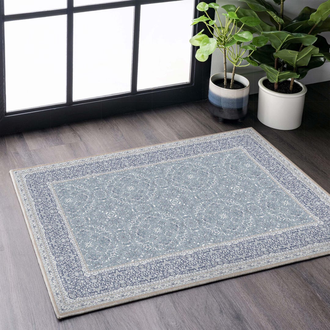 Rustic Rug Top View Blue Rustic Floral Dusty Blue White Rug, Vintage Style Turkish, Muted Boho ...