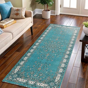 Blågrön turkisk löparmatta, traditionell köksmatta, antik Oushak, modern rustik, orientalisk blommig