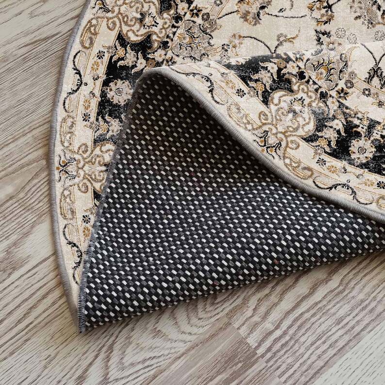 Oval Turkish Rug, Neutral Cream Black, Boho Floral, Bordered Oriental ...