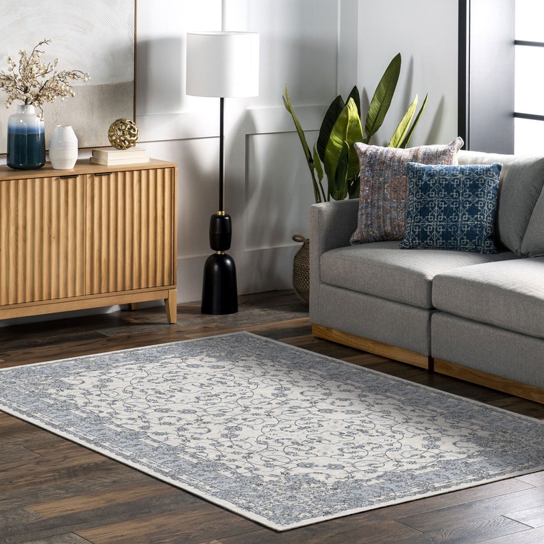Boho Floral Rug, Muted Blue Rug, Floral Oushak Rug, Dining Table Rug ...