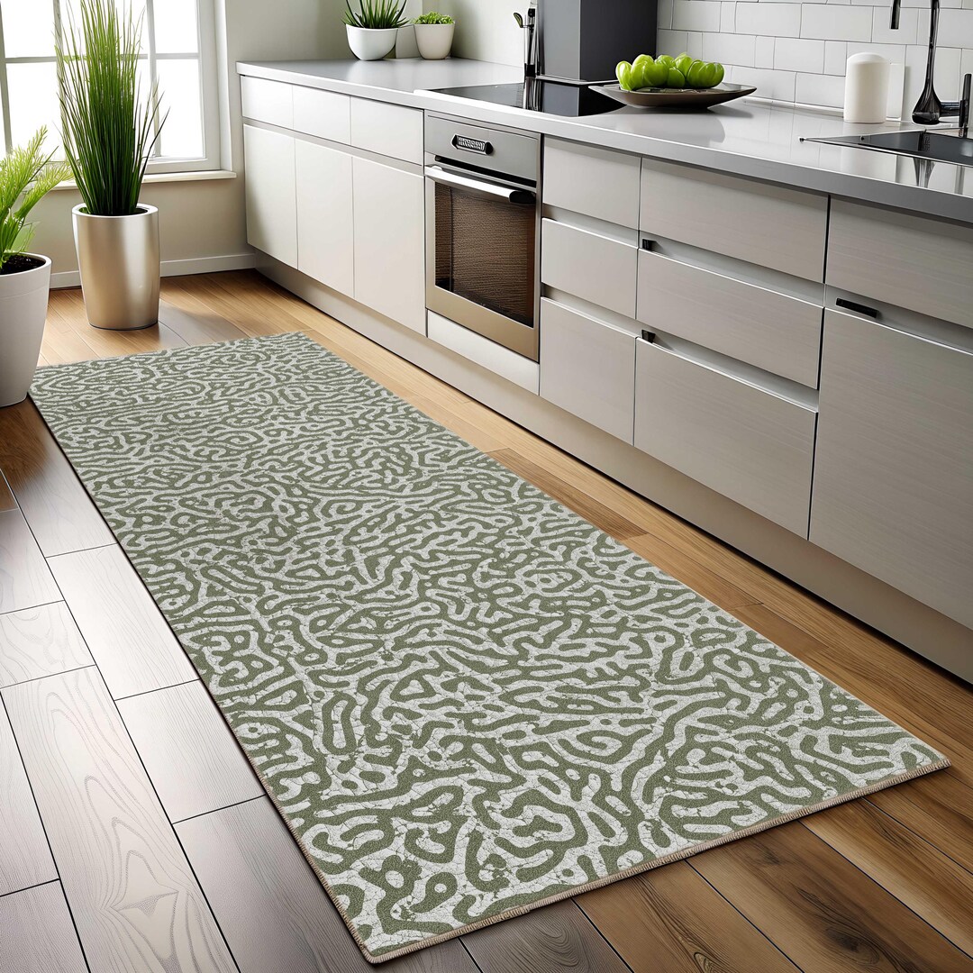 Labyrinth Mat Modern Minimalist Runner Rug, Olive Maze Pattern, Khaki Labyrinth, Long ...
