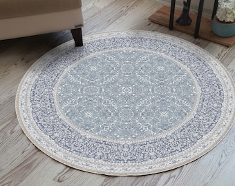 Runder Oushak-Teppich, gedämpfter türkischer Bereich, staubiges Blau-Weiß, floraler moderner Vintage, traditioneller Boho