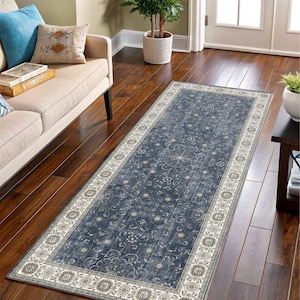 Türkischer Läufer Teppich Für Küche, Navy Distressed, Vintage Breite Flur, Antike Blumen, Mitternachtsblau Bild 5