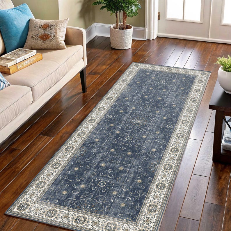 Türkischer Läufer Teppich Für Küche, Navy Distressed, Vintage Breite Flur, Antike Blumen, Mitternachtsblau Bild 5