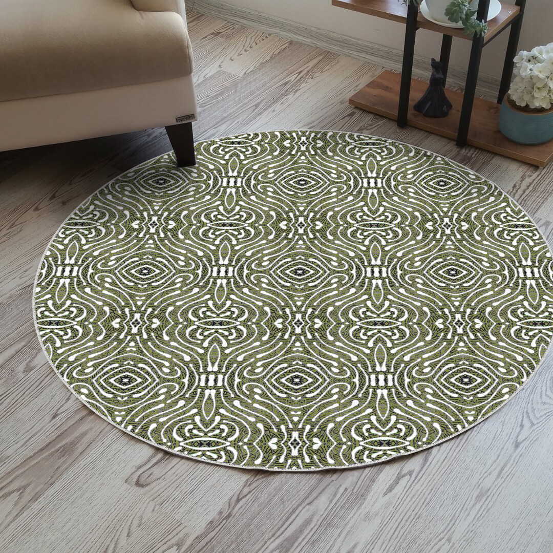 Round Army Rug Round Olive Boho Rug, Khaki Eclectic Rug, Bold Abstract, Wavy Area ...