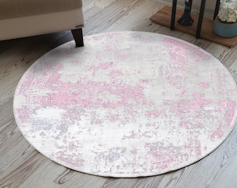 Distressed Boho Rug, Pink Round Rug, Muted Pink Rug, Antique Floral, Pink Turkish Rug, Pastel Circle Rug, Retro Area Rug, Mother's Day Gift