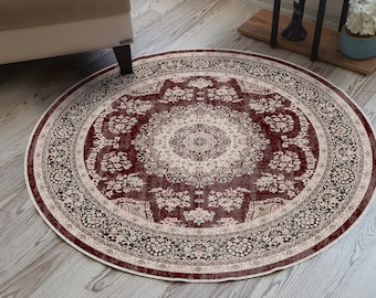 Round Burgundy Area Rug, Oushak Turkish, Bohemian Floral, Dark Plum Authentic, Oriental Maroon