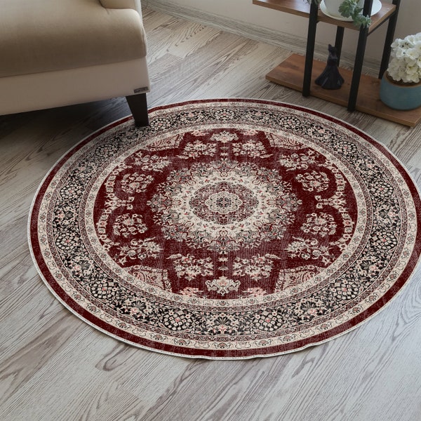 Tapis rond Oushak, tapis floral oriental, tapis turc rond, tapis floral cercle, tapis circulaire unique, tapis bordeaux, cadeau fête des mères, vintage