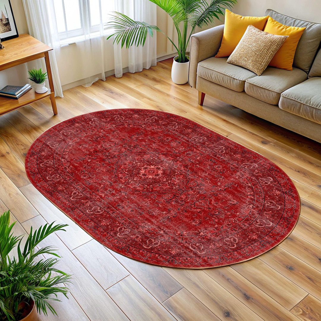 Red Turkish Style Rug Overdyed Red Turkish Area Rug, Oval Afghan Style, Rustic Oriental ...