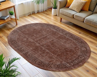Tapete oval floral turco boho em tom marrom ferrugem, castanho envelhecido, estilo oriental escuro, boho tradicional.