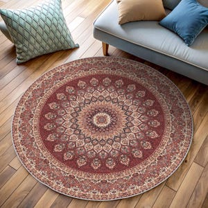 Round Oushak Rug, Turkish Floral Rug, Burgundy Bohemian, Mandala Style, Dark Red Cream, Modern Vintage, Boho Traditional, Aesthetic Oriental