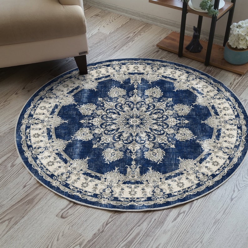 Navy Blue Round Rug, Circle Medallion Rug, Navy Blue Boho Rug, Modern