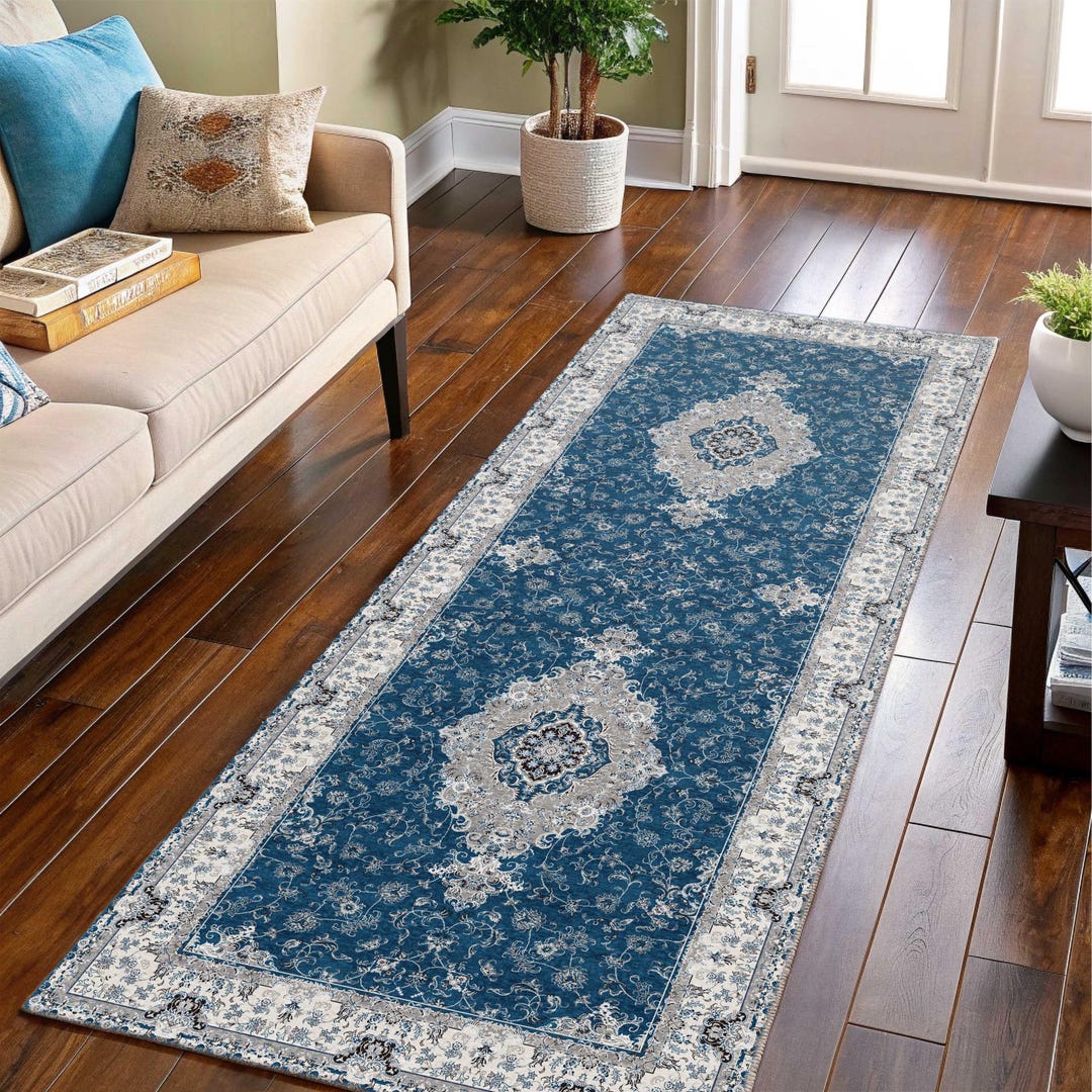 Bow Rug Runner Boho Floral Runner Rug, Antique Long Wide, Cobalt Blue White, Turkish ...
