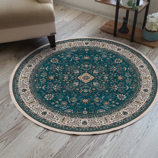 Round Oushak Rug, Oriental Floral Rug, Round Turkish Rug, Circle Floral Rug, Circular Unique Rug, Emerald Green Rug, Mother's Day Rug