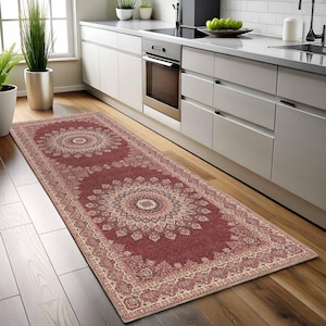 Large Oushak Runner Rug, Burgundy Turkish, Vintage Oriental, Long Maroon Cream, Dark Red Bohemian, Traditional Floral, Boho Mandala Style