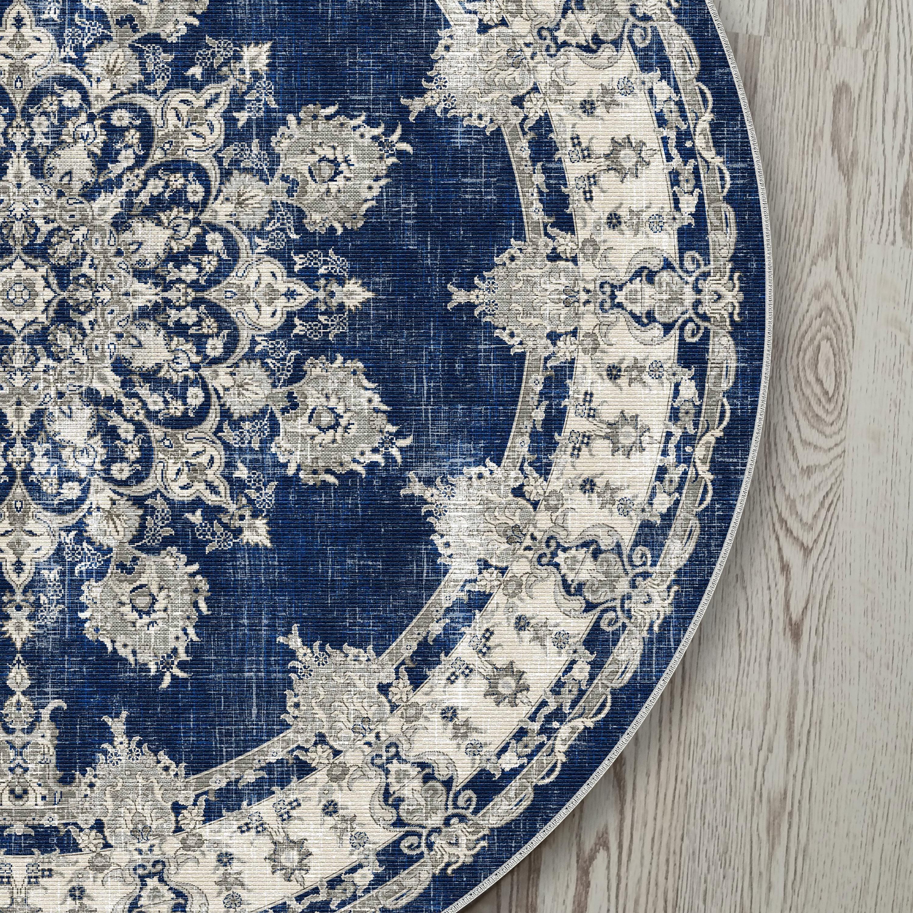Circle Turkish Rug, Navy and White, Distressed Antique, Oriental Rustic ...