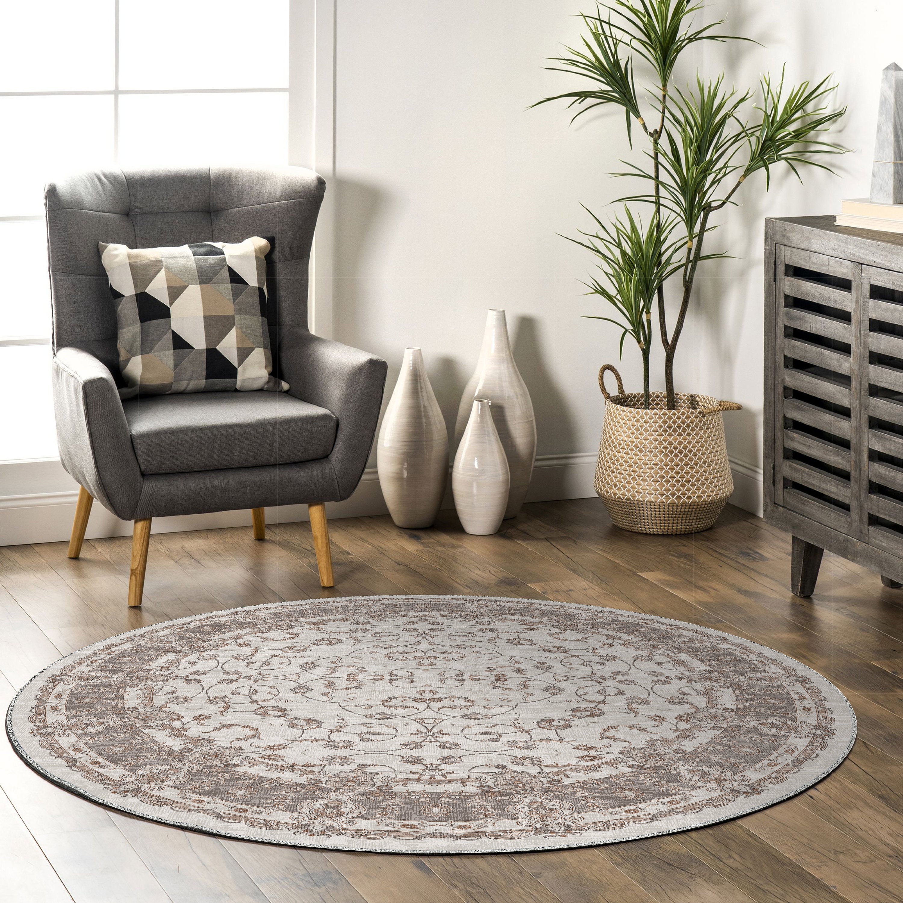 Distressed Round Rug, Antique Circle Rug, Boho Oushak Rug, Muted Floral ...