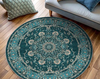 Runder türkischer Teppich, Kelimteppich, Boho Oushak, orientalisches Medaillon, rustikal traditionell