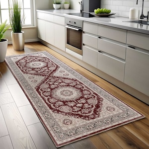 Turkish Floral Rug, Oushak Runner Rug, Burgundy White, Long Traditional, Modern Oriental, Dark Antique, Wide Corridor Runner, Entrway Carpet