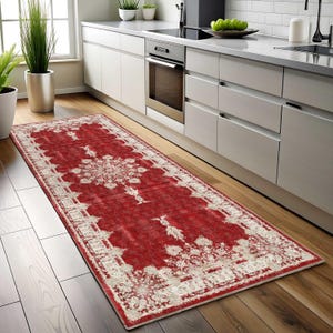 Modern Oushak Runner Rug, Vintage Classic Rug, Red White, Distressed Turkish, Antique Floral, Boho Chic Traditional, Oriental Medallion