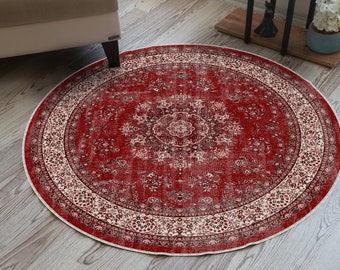 Tappeto turco rosso rotondo, stile boho vintage, rustico affascinante, boho antico, floreale orientale