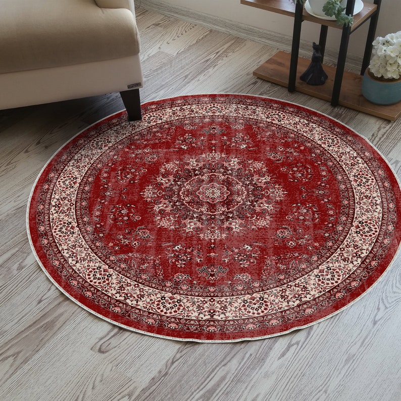 Round Red Turkish Rug, Vintage Boho Area, Rustic Charming, Antique ...