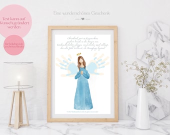 May include: A printable art print featuring a watercolor illustration of an angel with a halo, holding hands in prayer. The angel is wearing a blue dress and has light brown hair. The background is white with text in German that reads: "Christkind, zart in Kerzenschein, verbreitet Freude in die Herzen wie. Reihenlichter glänzen, in festliches Licht erhellt, das alte Jahr verabschiedet, ein neuerfang beginnt."