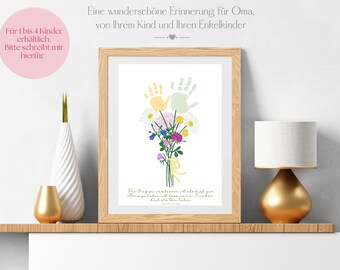 Könnte beinhalten: Ein gerahmter Druck mit weißem Hintergrund, der einen Strauß bunter Blumen mit Handabdrücken in Gelb, Grün und Rosa zeigt. Der Text "Die Frage was lesser ist als dead pur Mama ya laden cat desain Kinder lich ale Qualatin" ist unten auf dem Druck gedruckt.