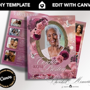 May include: A pink and white floral funeral program template with a photo of a woman in a gold frame. The text "Celebrating the Life of Corella Rose Preston" is at the bottom of the template. The template is designed to be edited in Canva.
