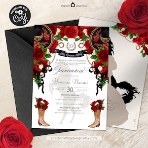 Mariachi Charro Negro y Rojo, Invitación de Cumpleaños de Quince Floral Elegante, Quince Vaquera Roja, Invitación de Quinceañera Charra Rústica Plantilla Corjl