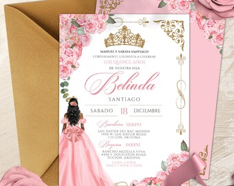 EDYCJA-Różowa róża Quinceañera, Luksusowy róż i złota tiara na 15 urodziny, Księżniczka Quince Años, Jasnoróżowe złote zaproszenie na Quinceanera V2
