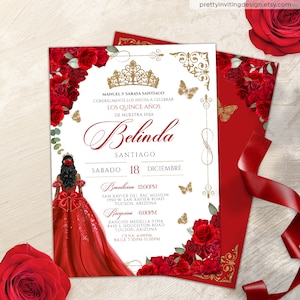 Elegant Red Rose Quinceanera, Luxe Red and Gold Butterfly Birthday Invite, Red & Gold Butterfly Floral Quinceañera Invitation Template V3