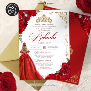 EDITABLE- Elegant Red Rose Quinceanera, Luxe Red and Gold Tiara 15th Birthday Invite, Red & Gold Vestido Red Gown Quinceañera Invitation V5