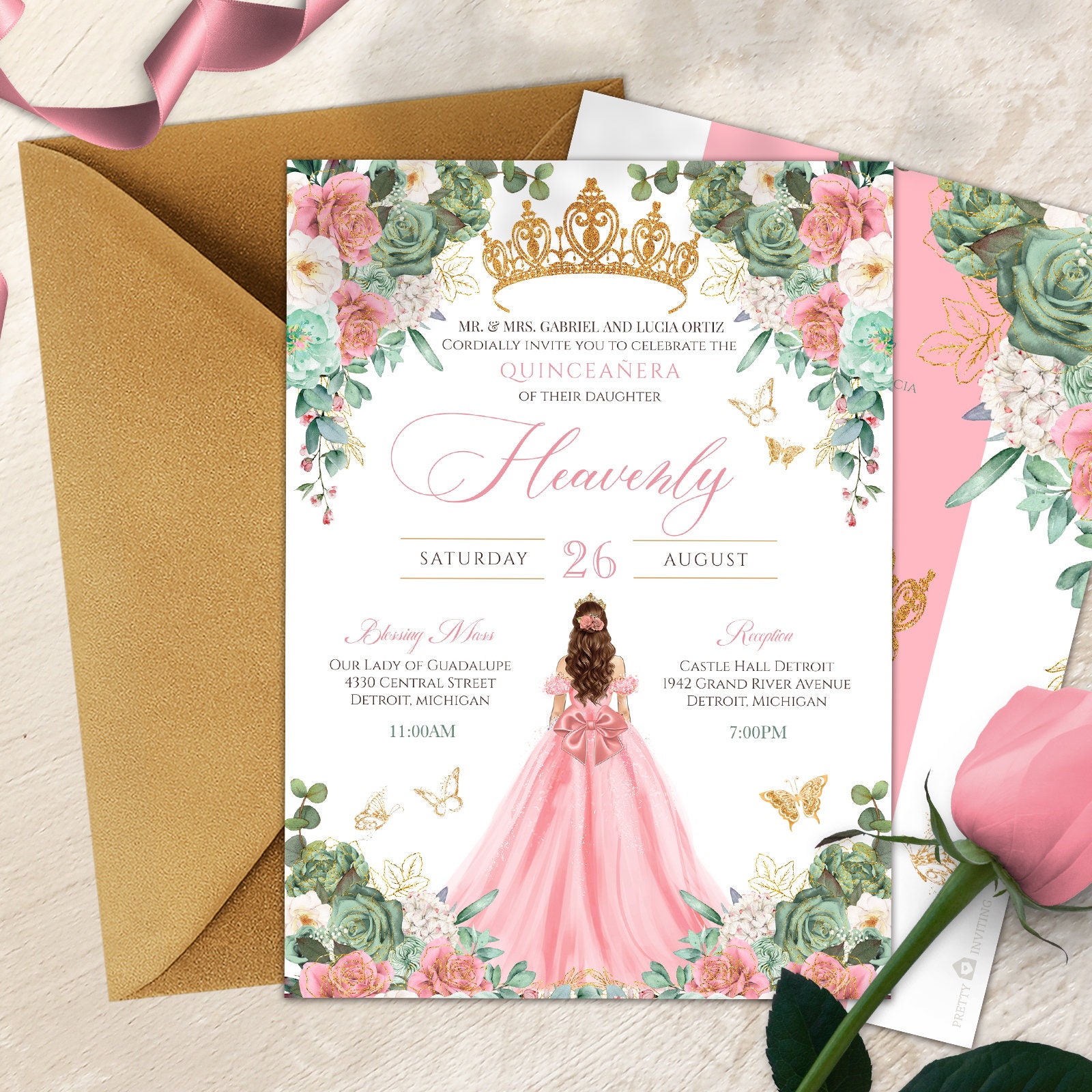 EDIT YOURSELF - Pink Princess Mint Green Floral Quinceañera, Butterfly 15th Birthday , Mint Green Pink Rose & Gold Quinceanera Invitation V6