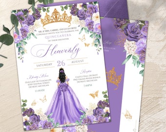 May include: Purple and gold Quinceañera invitation with a floral design and a drawing of a girl in a purple gown. The text reads "Heavenly" and "Saturday 26 August".