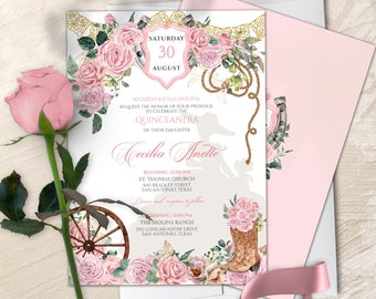 May include: A pink and gold Quinceañera invitation with floral accents. The invitation features a silhouette of a young woman in a dress, a horseshoe, and a lasso. The text reads "Saturday 30 August", "Ricardo & Julia Molina", "Request the honor of your presence to celebrate the Quinceañera of their daughter Cecilia Anette", "Blessing: 12:00 PM St. Thomas Church 440 Bradley Street San Antonio Texas", "Dinner and reception to follow", "Beginning: 6:00 PM The Molina Ranch 5911 Longmeadow Drive San Antonio Texas".
