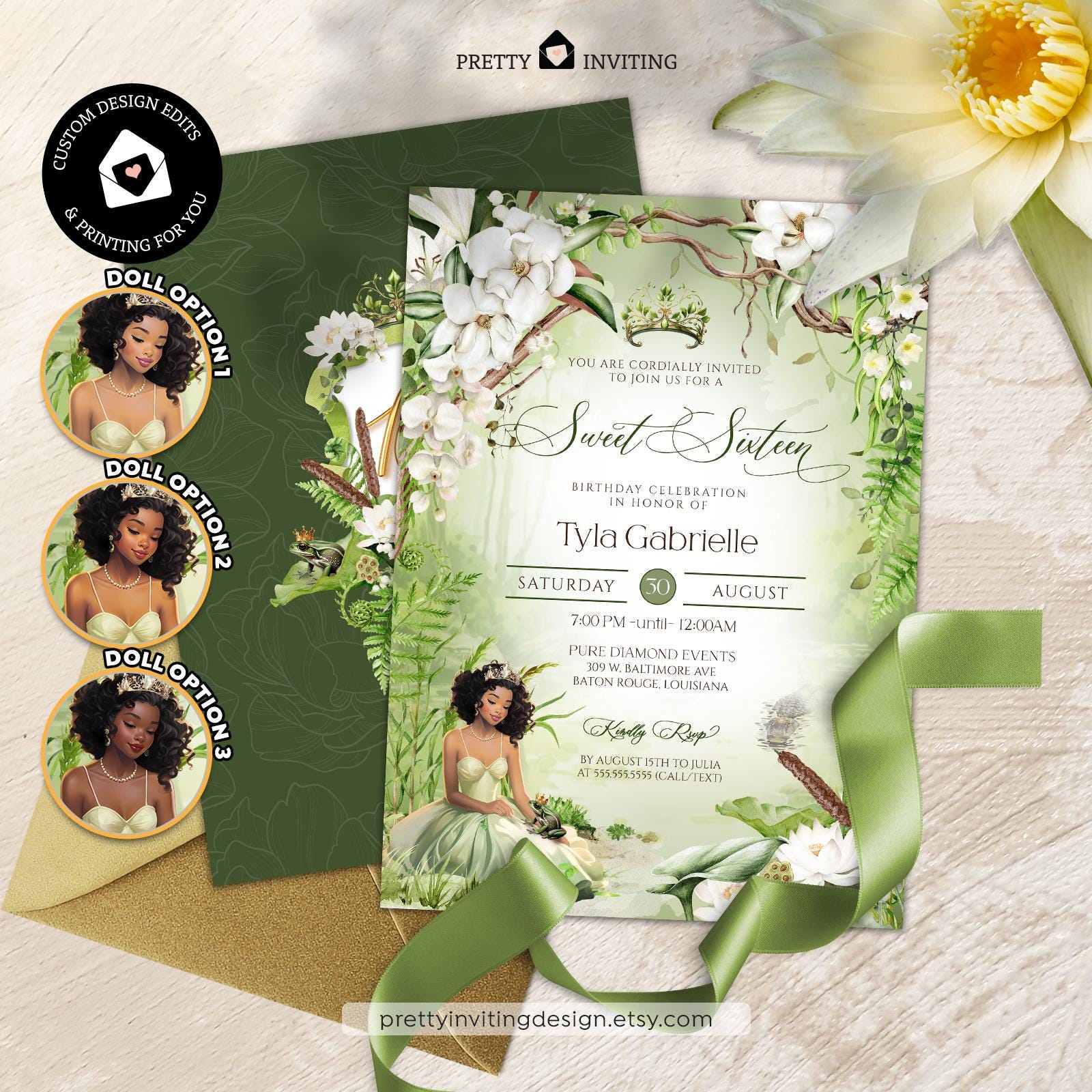 Frog Princess Sweet 16 or Quinceañera Invitation, The Frog Prince, Fairytale Birthday Invitation Design, Princess and the Frog, Bayou Bday